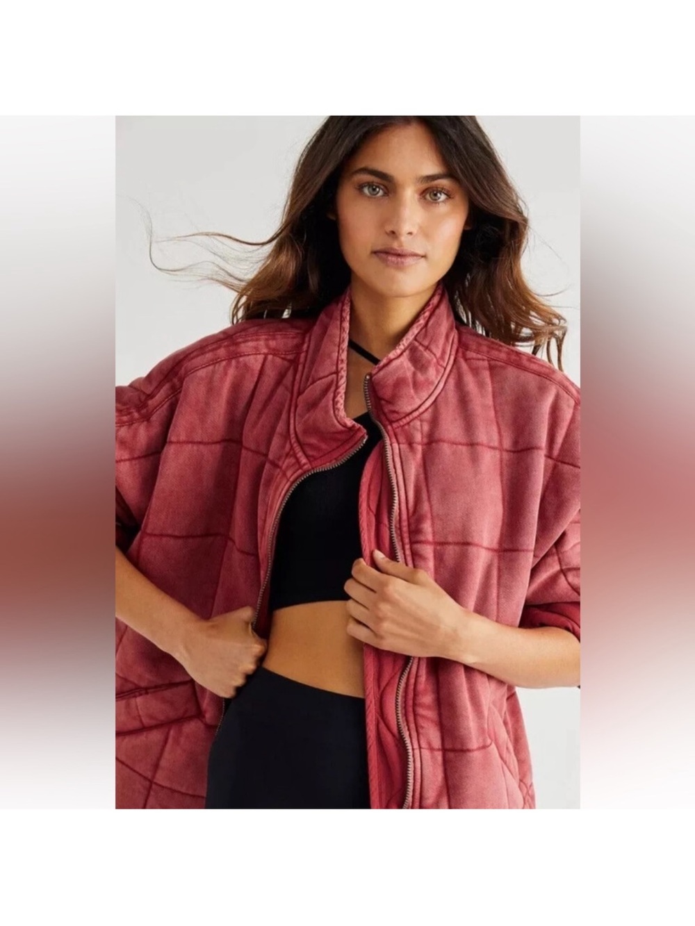 Free People Quilted Dolman Sleeve Knit Jacket Bomber Oversized Red
